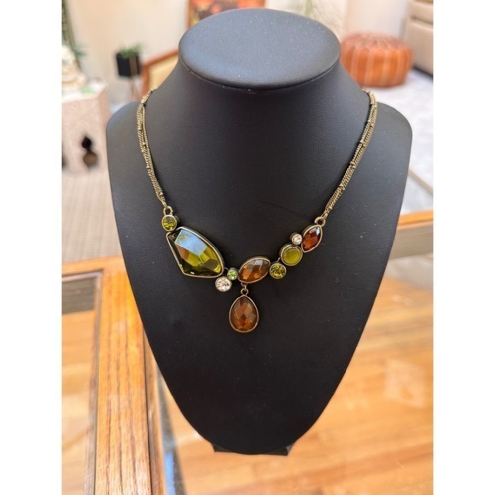 Park Lane Jewelry Set Necklace Earrings Cuff Bracelet Amber Green Brass Tone